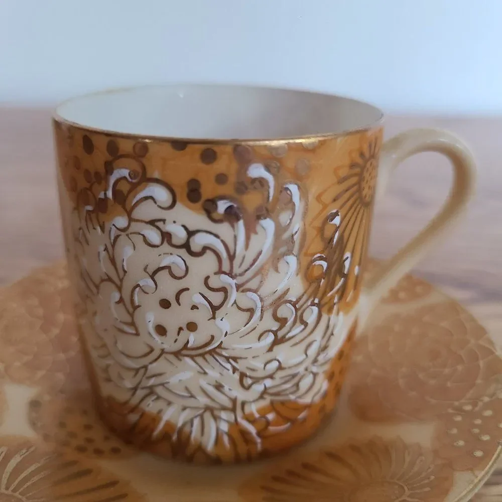 Inarco Demitasse Cup and Saucer Set Golden Splendor Floral Pattern Japan RARE